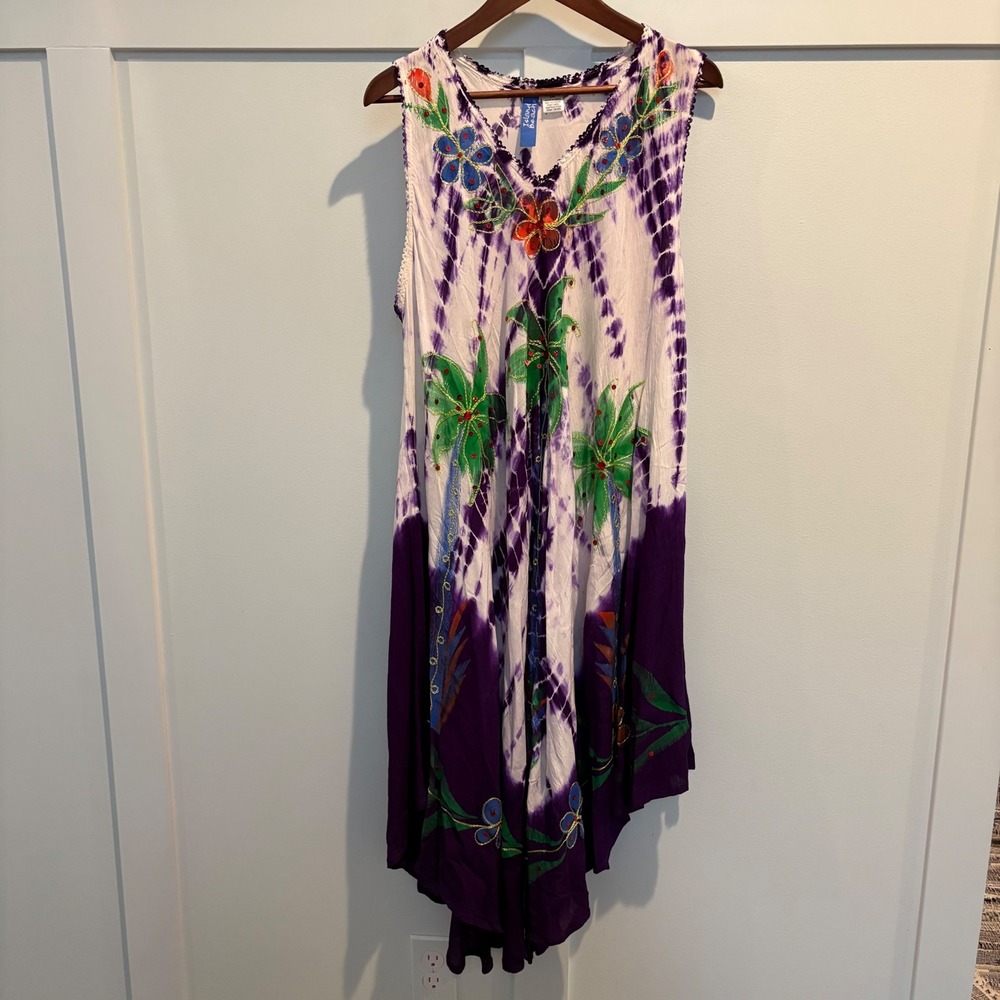 Island Beach Dress Women's Large / XL Purple Tie Dye Swim Cover Boho Midi Resort